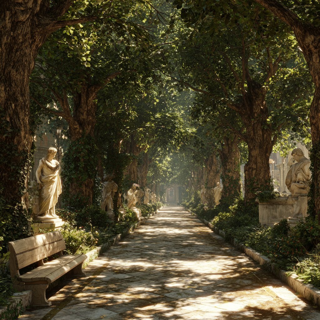 Xystus romain — allée bordée d'arbres et de statues